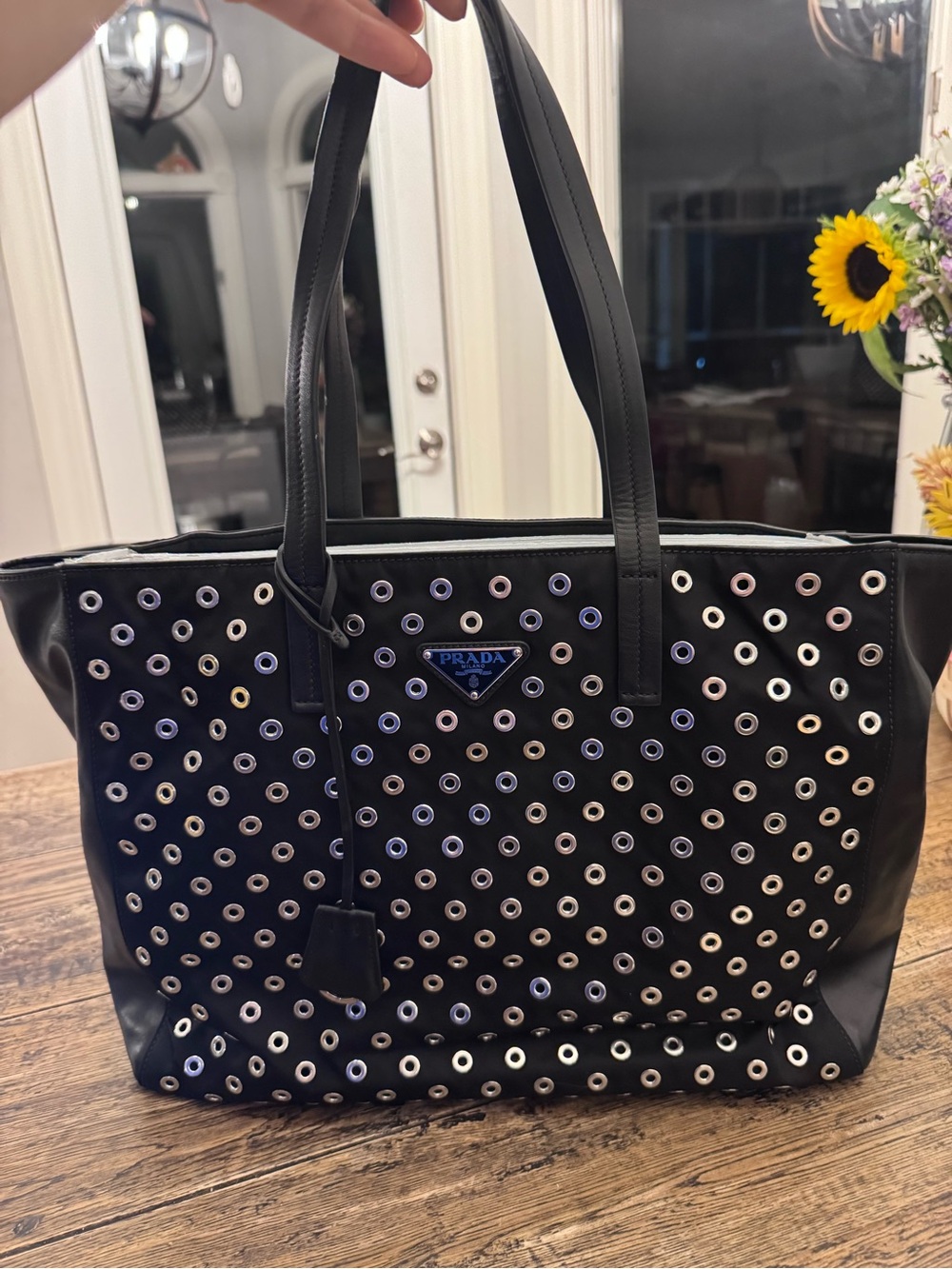 Auth. Prada Black Grommet/Eyelet Nylon & Calfskin with Leather interior Tote Bag